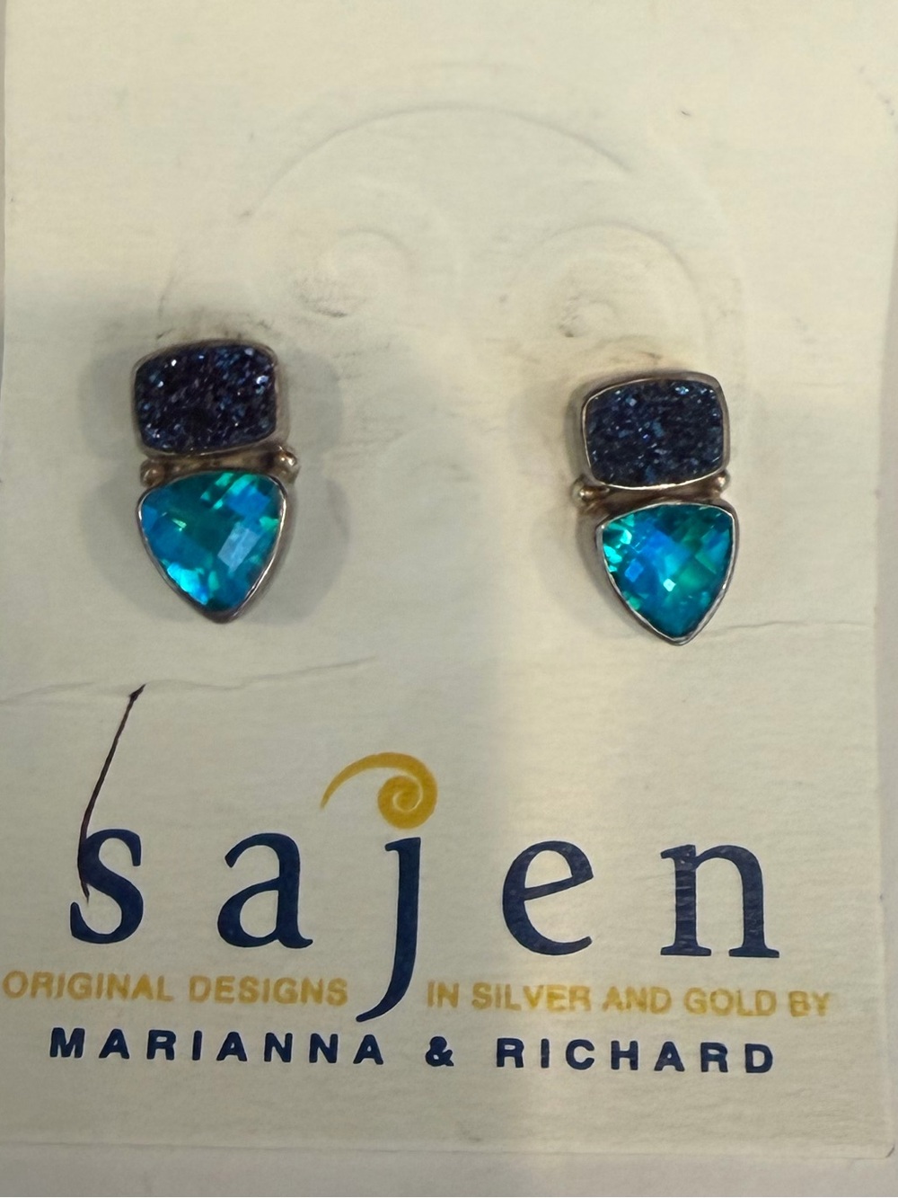 Sajen 925 sterling silver Teal and Navy Druzy Teardrop Stud Earrings